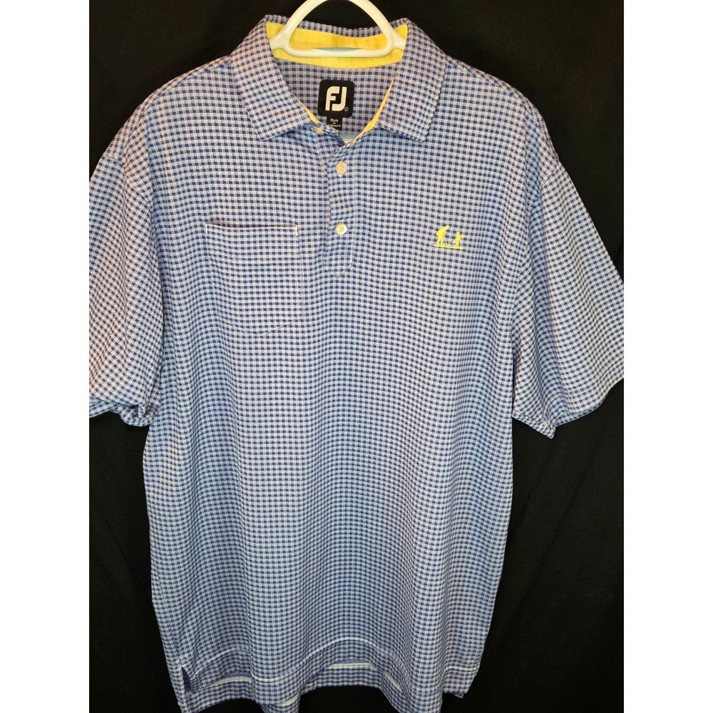 FootJoy Mens Gingham Golf Polo Shirt‎ Blue White Check Short Sleeve Large Pocket